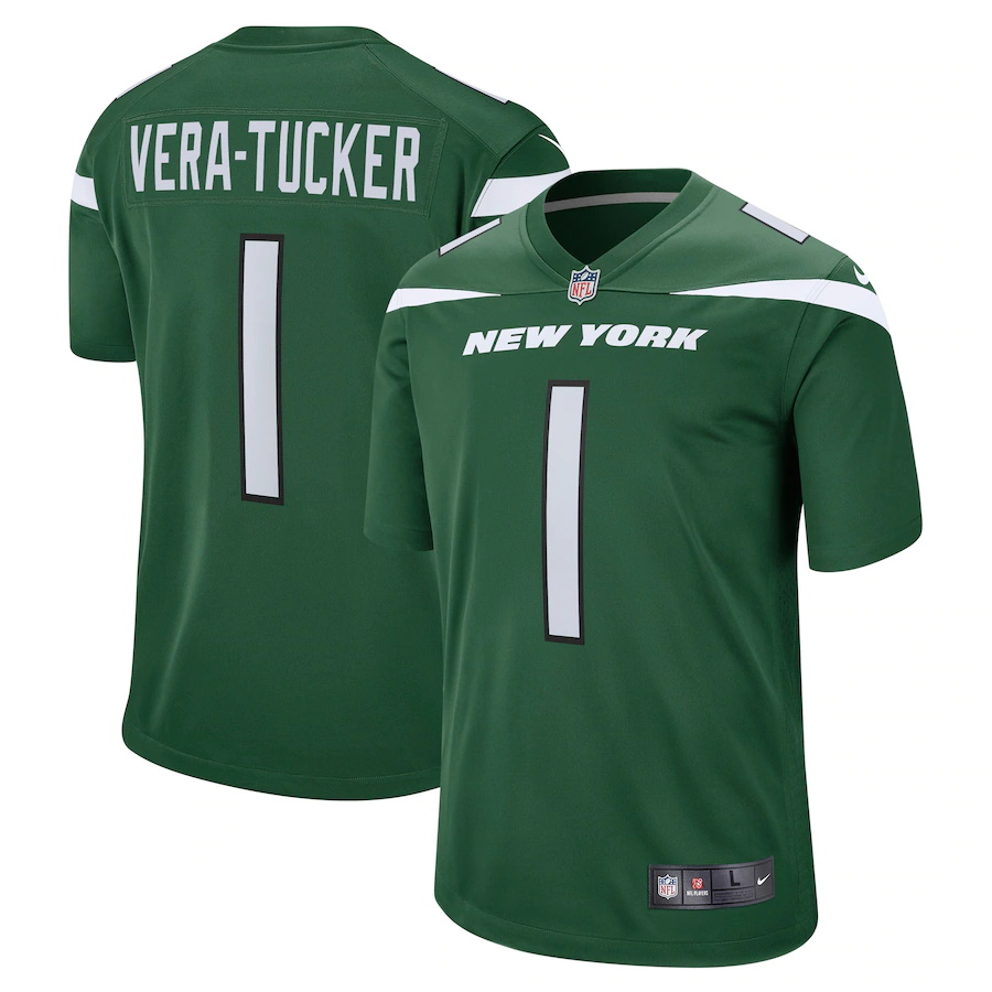 Mens New York Jets #1 Alijah Vera-Tucker Nike Gotham Green 2021 NFL Draft First Round Pick Game Jersey